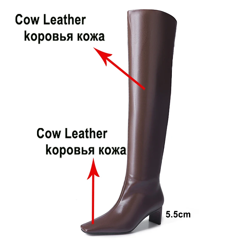 Meotina Women Genuine Leather Knee High Boots Square Toe Thick High Heels Pleated Long Boots Ladies Fashion Shoes Autumn Winter