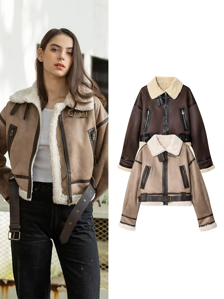 

TFMLN Winter Women's Suede Leather Belt Jacket Coats Fashion Faux Shearling Stand Collar Outerwear Chic Vintage Short Tops