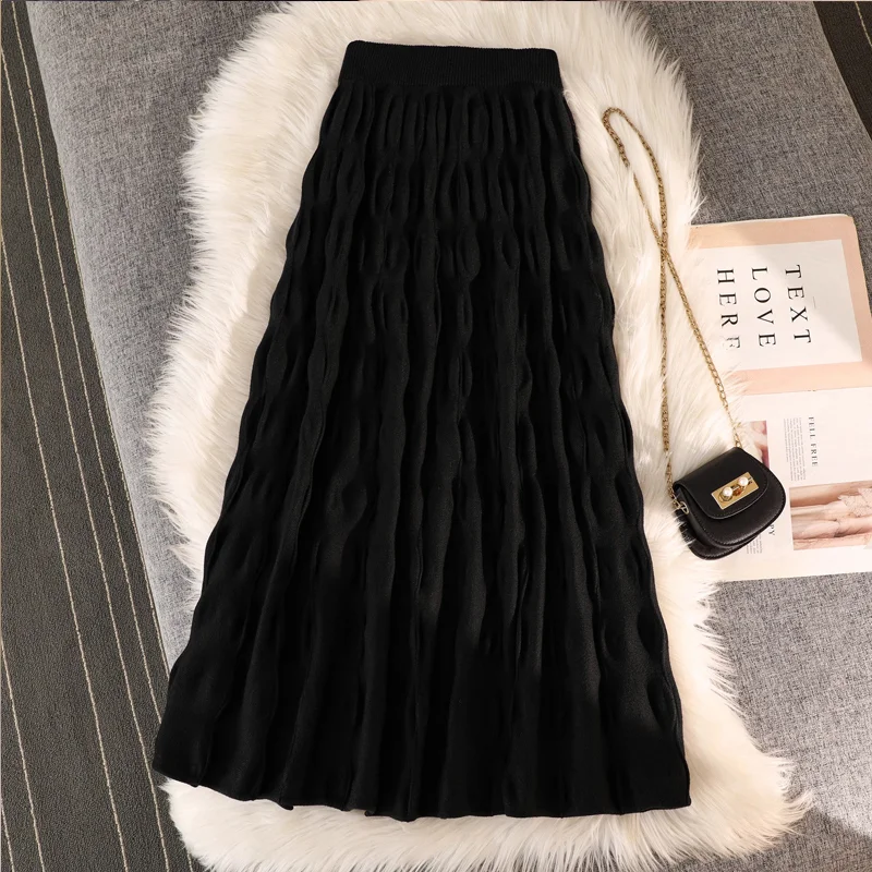 

Вязаная плиссированная юбка трапециевидной формы с высокой талией для женщин, большие размеры, осенне-зимняя утягивающая юбка-миди, корейская юбка для девочек Faion