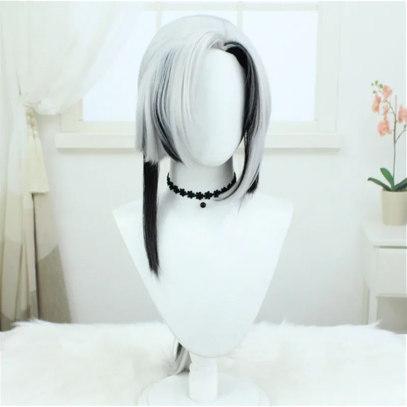 ゲーム用の金属製ウィッグ,薄い,ユニセックス,合成皮革,ロング,黒と白のかつら,ハロウィーンのアクセサリー