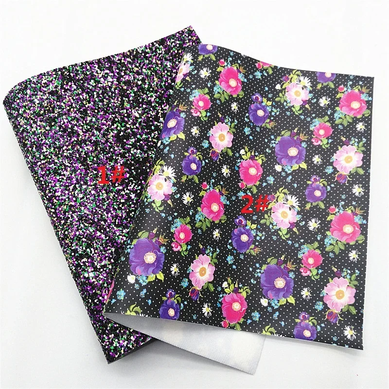 Black Purple Mixed Glitter Leather Sheets Flowers Printed Synthetic Leather Fabric Rainbow Glossy Faux Leather DIY 21x29CM Y454