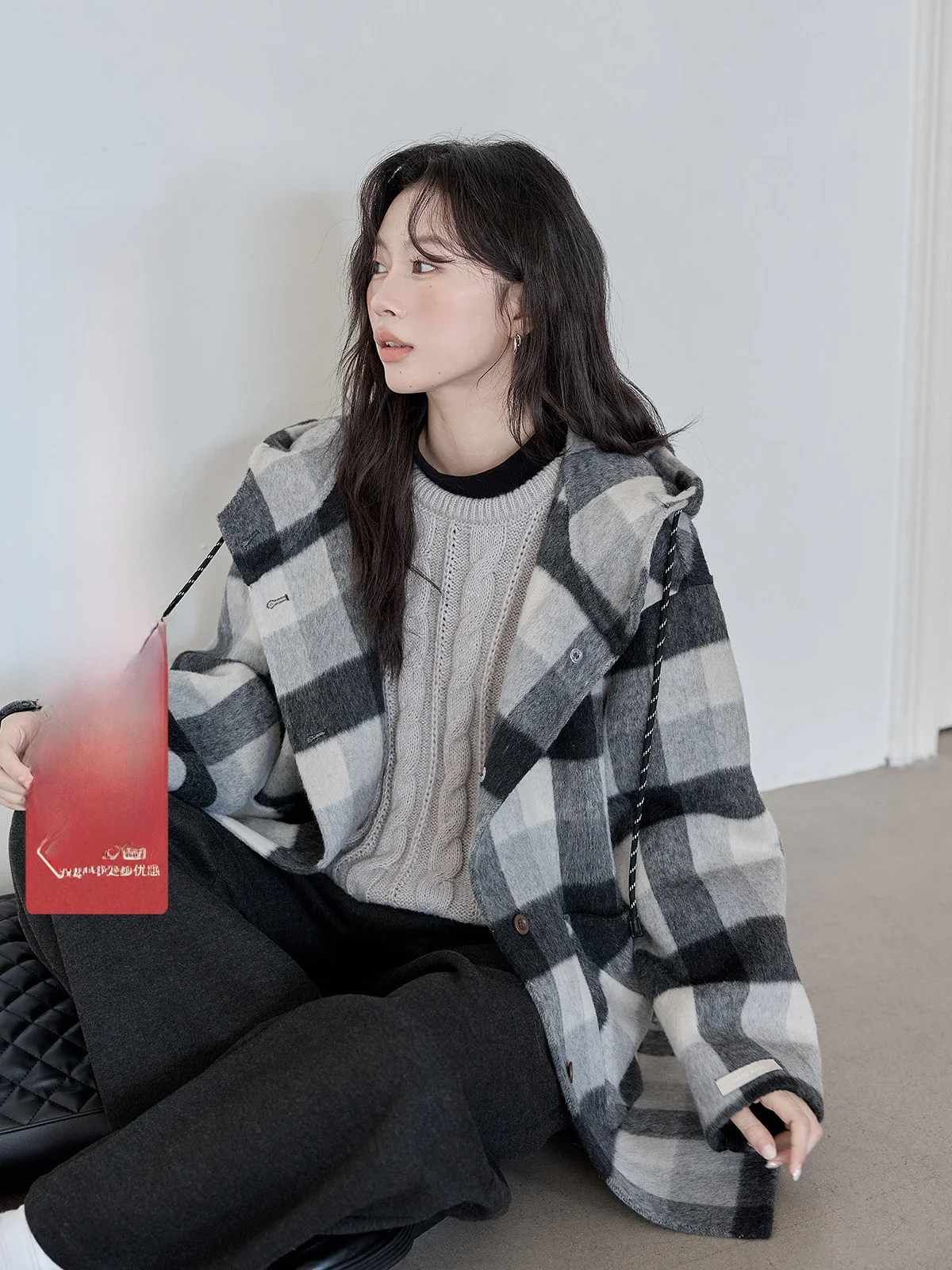 

HuiXi ey Double-Sided Woolen Coat with Hood Women's Cheered Design Winter Faion Korean Sle Loose Fit Long Sve