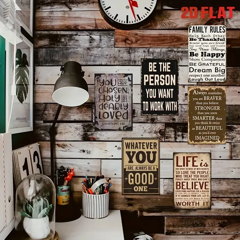 2D Flat, 2D Flat Decorative Sign Plaque [2D Flat] 6pcs Vintage Metal Sign Art Inspirational Quote Theme Decorative Wall Plaque 2