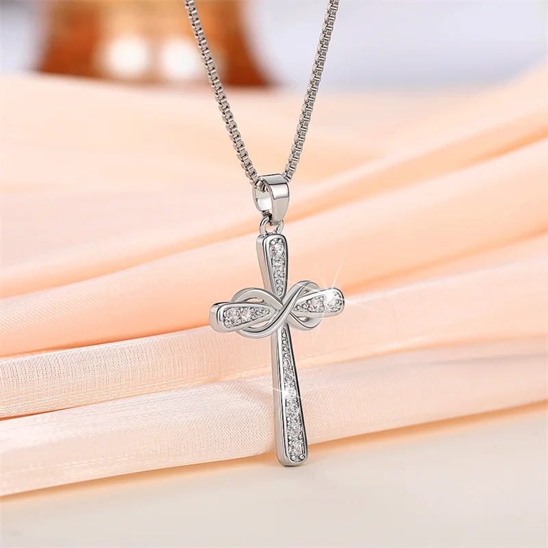 Huitan Infinity Cross Pendant Necklace for Women Silver Color Romantic Neck Accessories Bridal Wedding Trendy Love Jewelry Gift