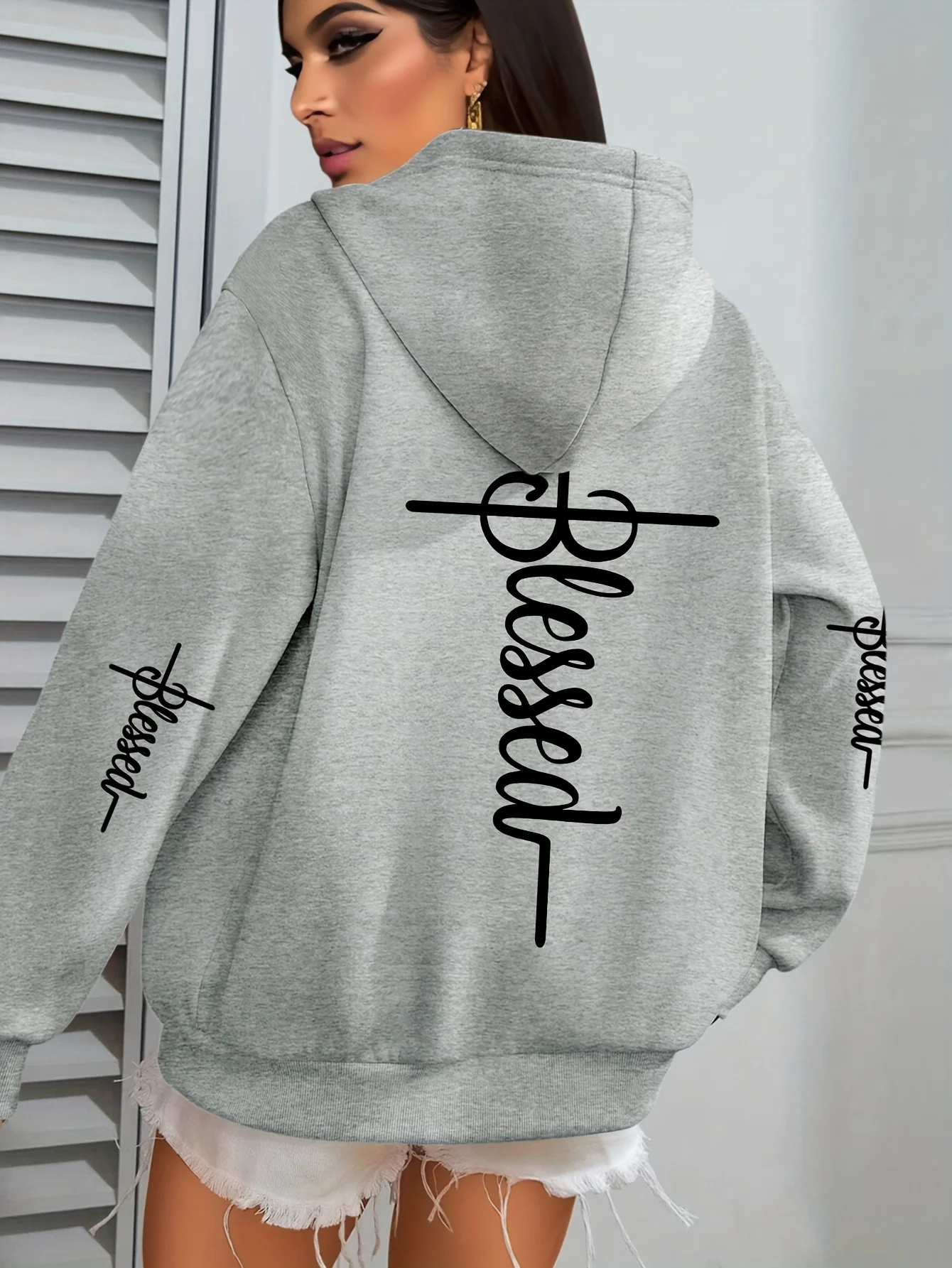 "BLESSED" Faith Print Hoodie Long Sleeve Pullover with Pocket Slight Stretch Fall/Winter Casual Hooded Sweatshirt