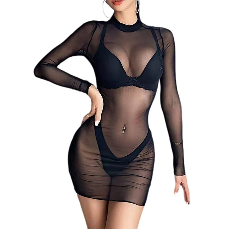 Women Lingerie Erotic Bra Nightdress Gothic Mesh Black Long Sleeve Skinny Bodysuit Club Brief Underwear Transparent Dress Set