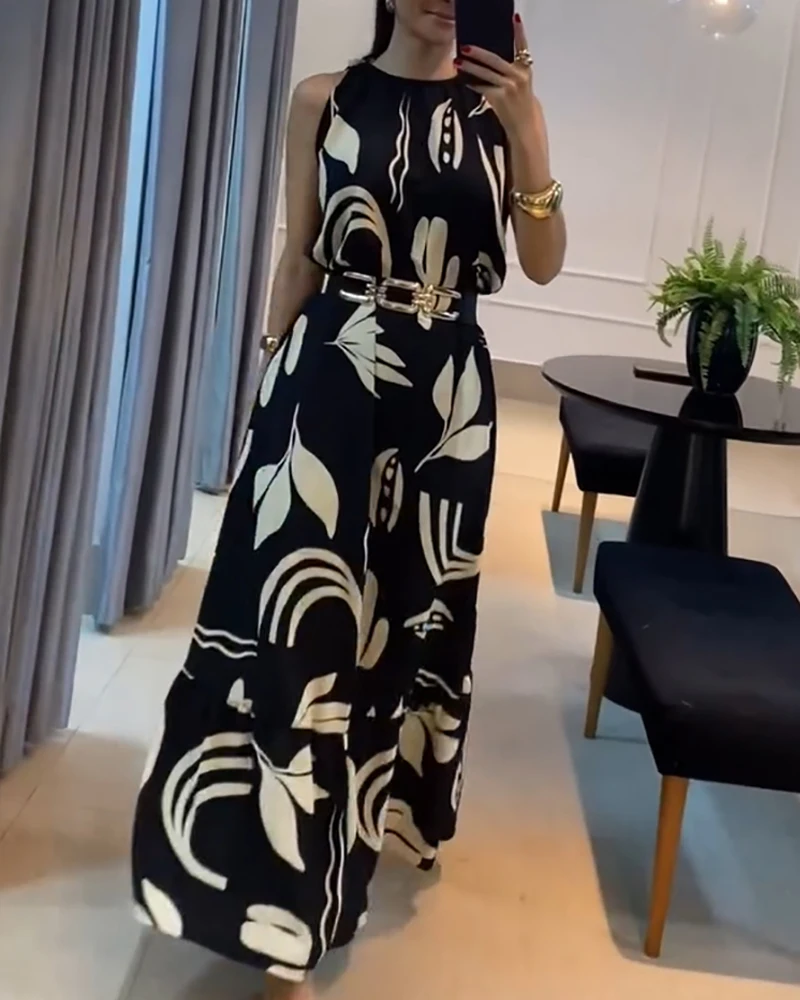 Womens Dresses 2026 Summer New Fashion Floral Sleevless Leaves Pattern Maxi Dress Casual Waist Chain Decor Daily Long Dress