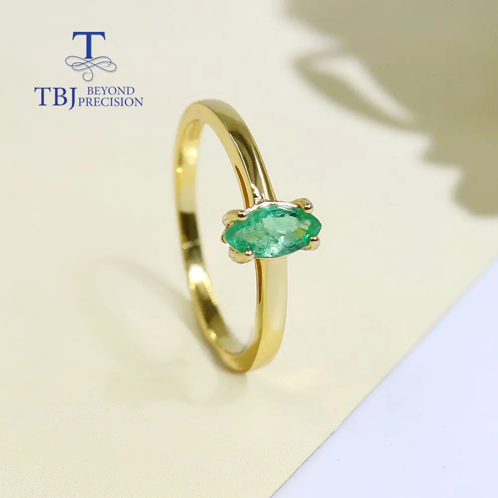 

Natural Emerald simple gemstone ring mq 4*8mm 18k gold over 925 sterling silver fine jewelry for women nice gift