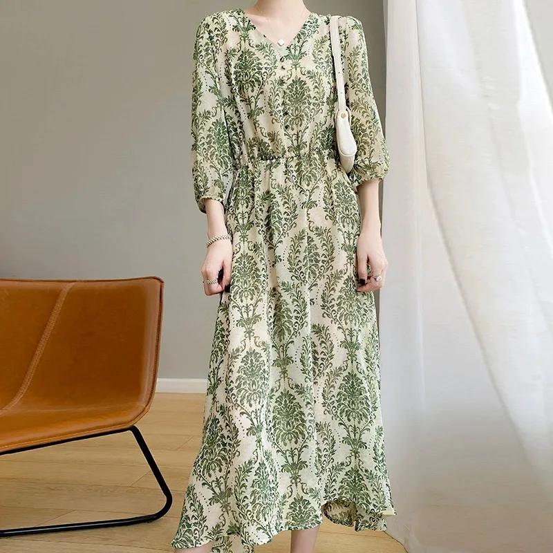 Ele Acétate Satin Dr Femme Été 2025 Nouvelle jupe mi-longue amincissante à la taille avec décolleté en V confortable longue Sve Floral...