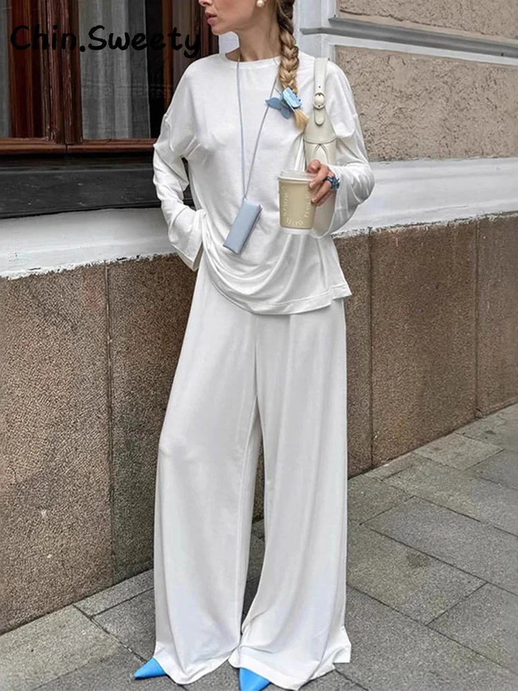 

Casual Shirts Pants Sets Women White O-neck Full Sleeve Top High Waist Straight Wide Leg Pant 2025 Autumn Lady Chic 2 Pieces Set