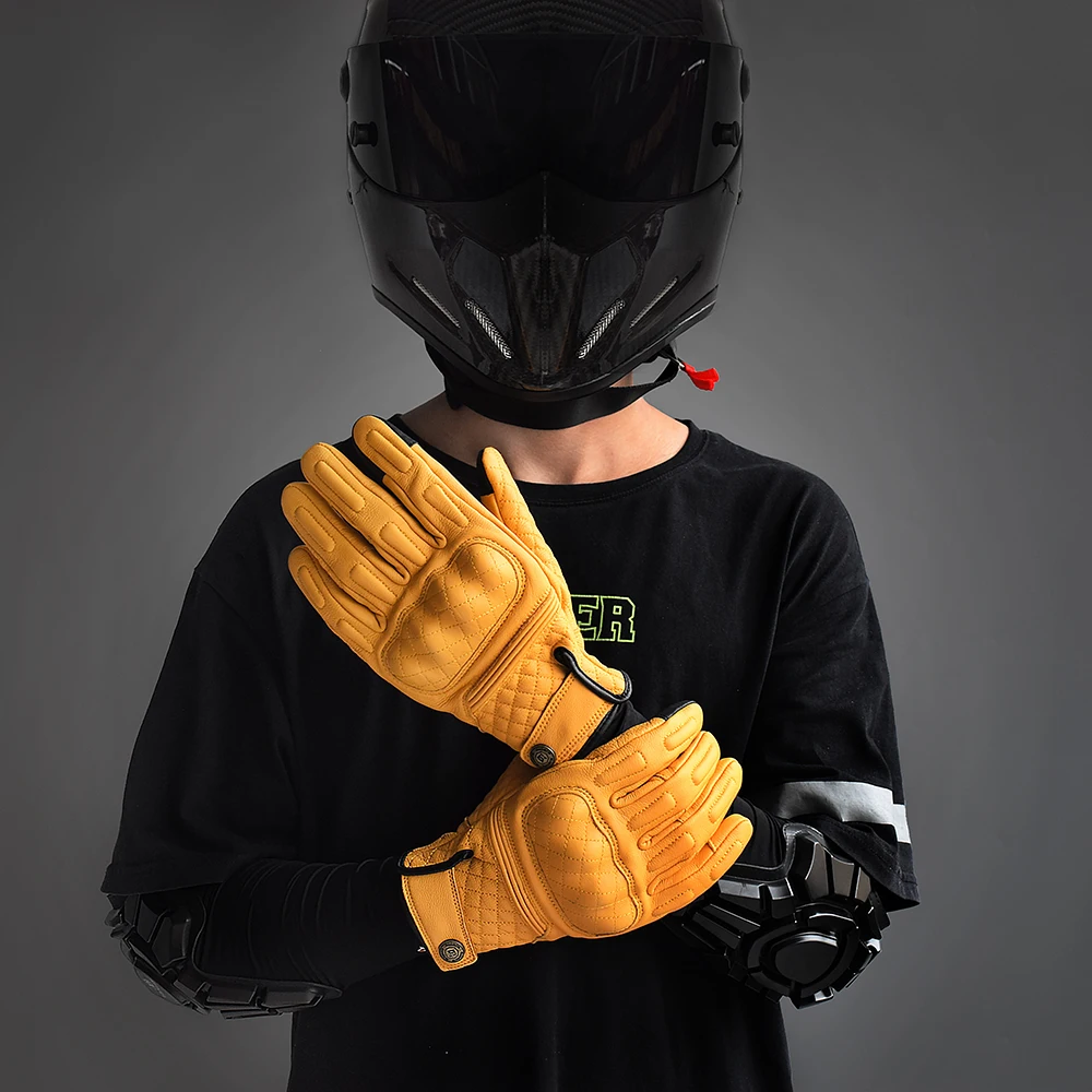 Yellow Leather Motorcycle Gloves Retro Full Finger Motocross Gloves Touchscreen Goatskin Bicycle Riding Gloves For Men Women