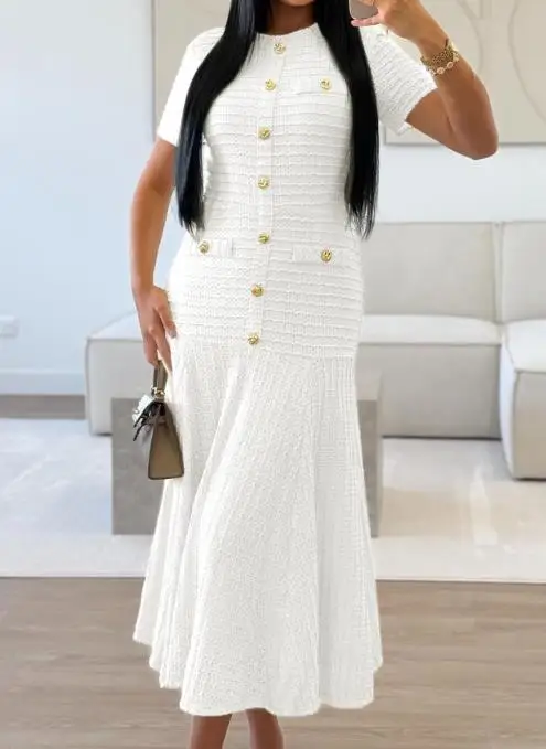 

Simple and Elegant Button Style Short Sleeved Dress, Summer Women's Small Fragrance Style Solid Color Slim Fit A-Line Dress