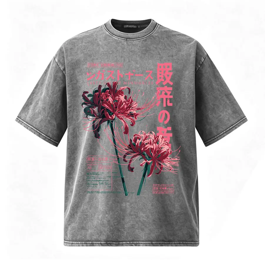 Anime Tokyo Ghoul Kaneki Ken Grunge Flower Japanese Spider Lily Vintage Washed T Shirts Men Women Clothing Short Sleeve T-shirts