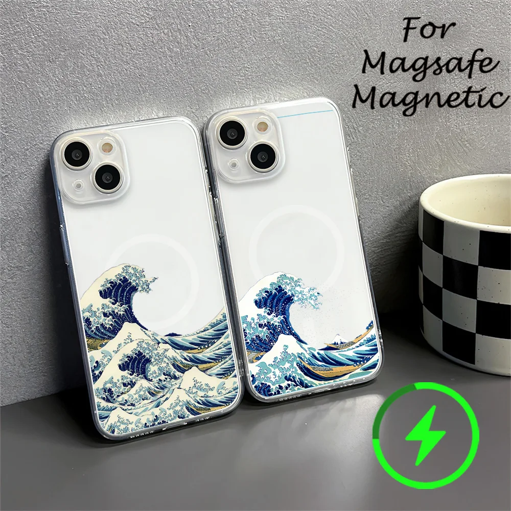 Fashion Japan The Great Wave Of Kanagawa Phone Case For IPhone 15 14 13 12 11 Transparent Magnetic Suction Cover