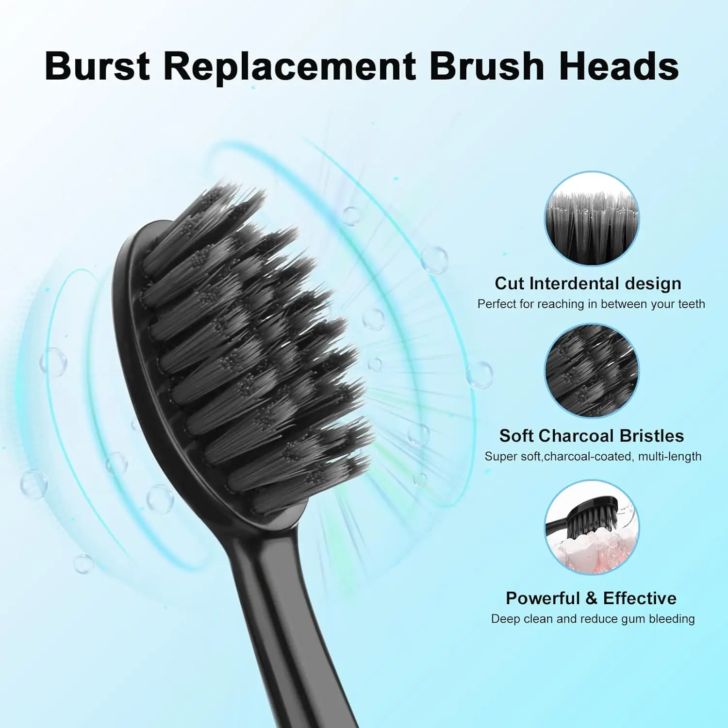 10pcs Replacement Brush Heads for Original Burst Pro Sonic Electric Toothbrush Soft Charcoal Bristles Refill with Dust Cover Cap