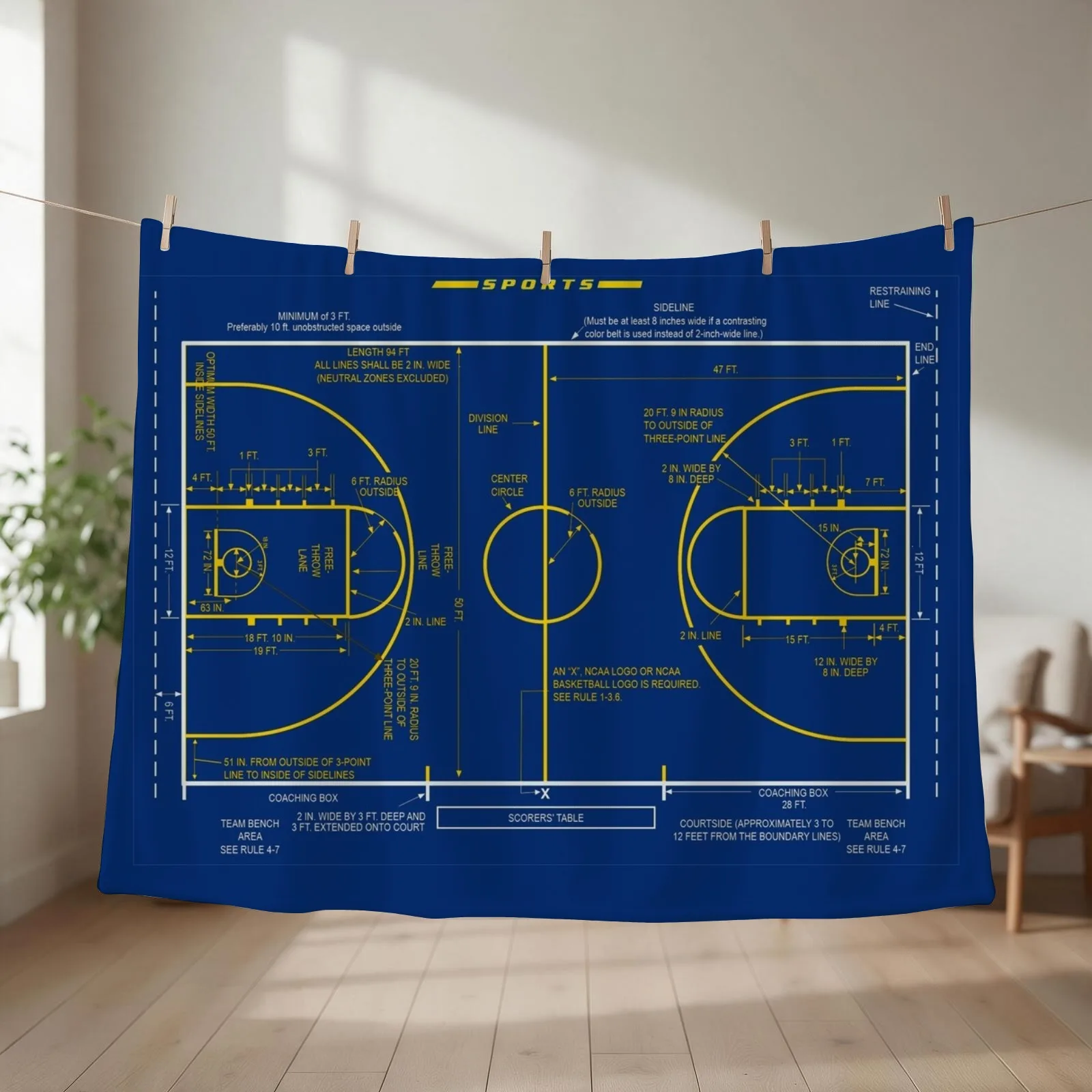 College Basketball Court Diagram Schematic for Basketball Lovers Throw Blanket