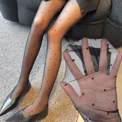 Medias sexis con estampado de puntos para mujer, pantimedias elásticas negras de cintura alta, mallas suaves translúcidas ultrafinas, calcetines de seda antigancho