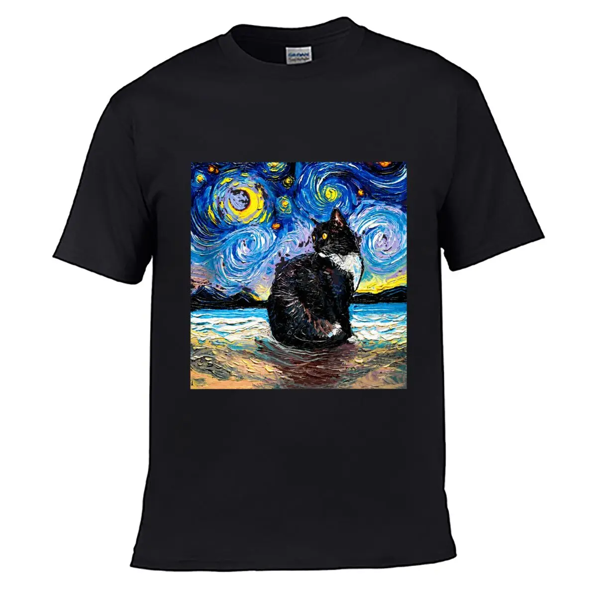 Starry Night Black Cat Seaside Moonlight Swirl Painting Casual T-shirt