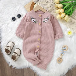 Newborn Baby Rompers Knitted Infant Girls Jumpsuit Fashion Ruffles Embroidery Autumn Toddler Clothing 0-18M Long Sleeve Overalls