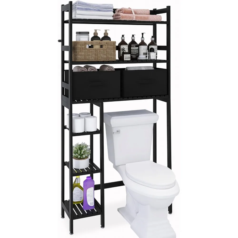 Over-The-Toilet Storage Rack, 6-Tier Bamboo Large Bathroom Organizer with Side Shelves and 2 Drawers, Stable Freestanding Space