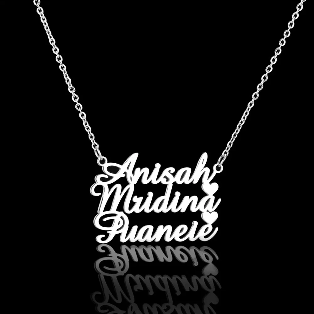 Custom 3 Names With Heart Pendant Necklace Personalized Stainless Steel Gold Color Cable Chain Women Girl Jewelry