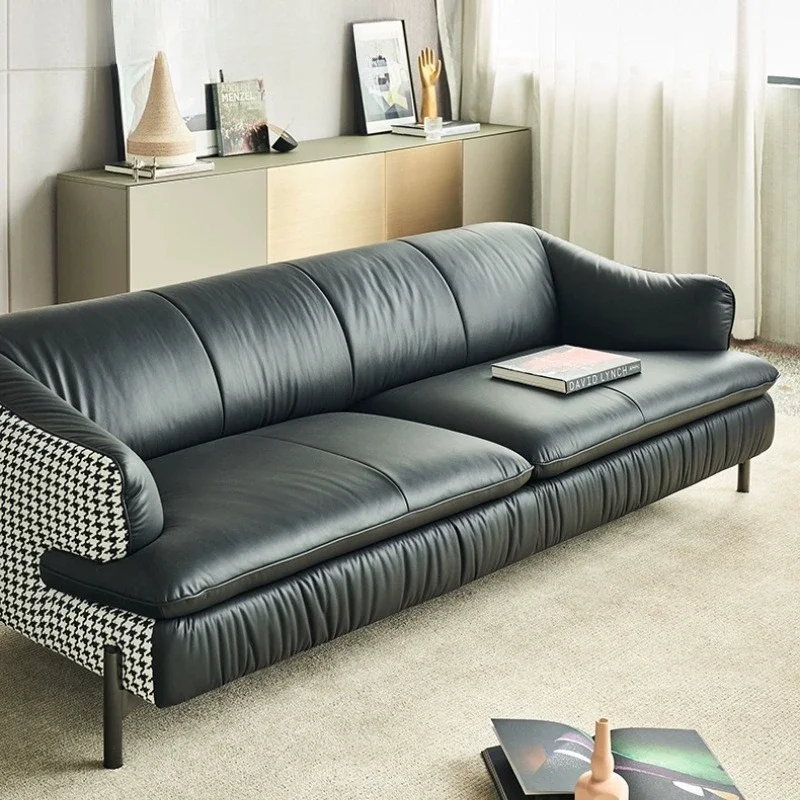 Light luxury design, houndstooth color-blocking three-seater small living room sofa