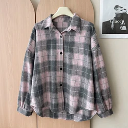Plaid Oversized Flannel Top Women Long Sleeve Collared Button Up Tartan Shirt Jacket Teenage Girl Fall Winter Casual Outfit