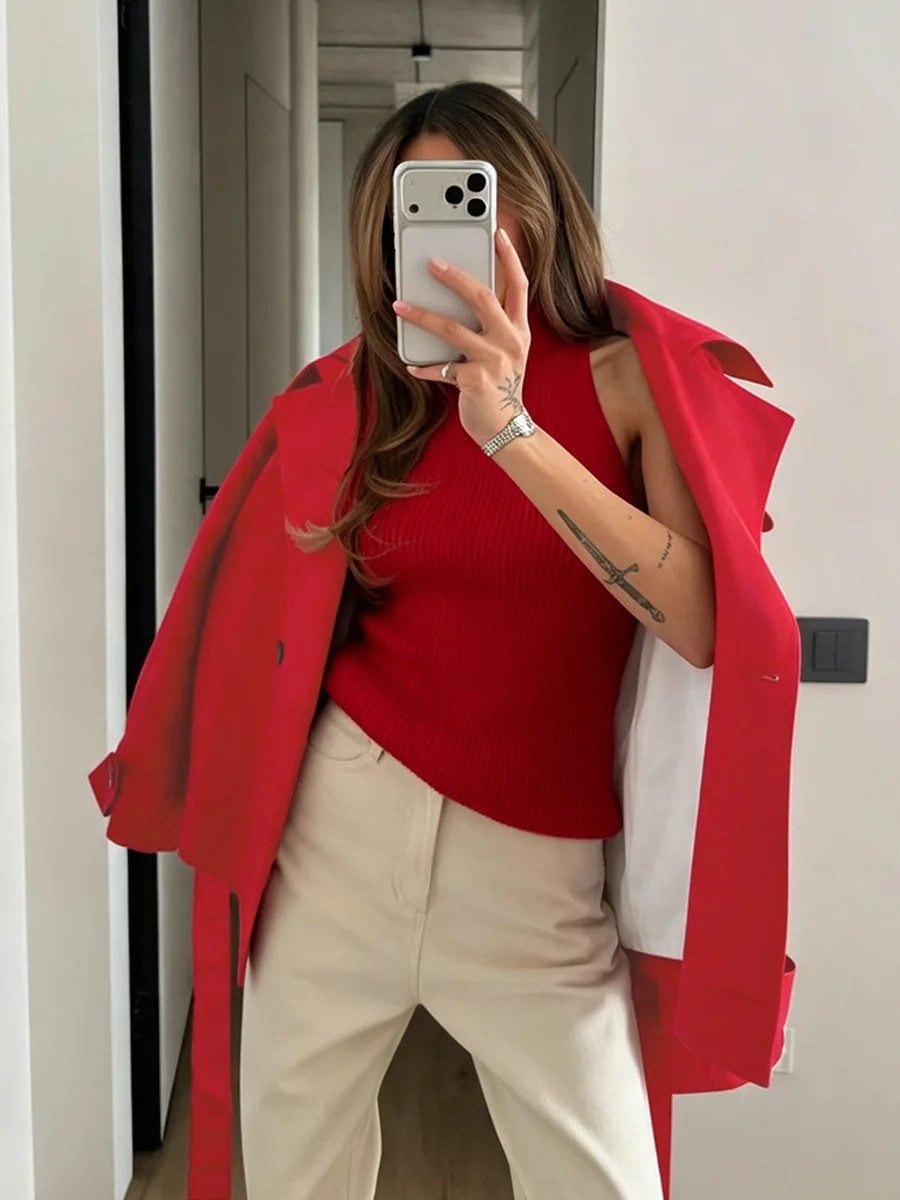 Wolfeel 2026 Series Autumn Women's Lapel Long Sleeved Button Loose Windbreaker Simple Casual Jacket Belt Women's Red Jacket