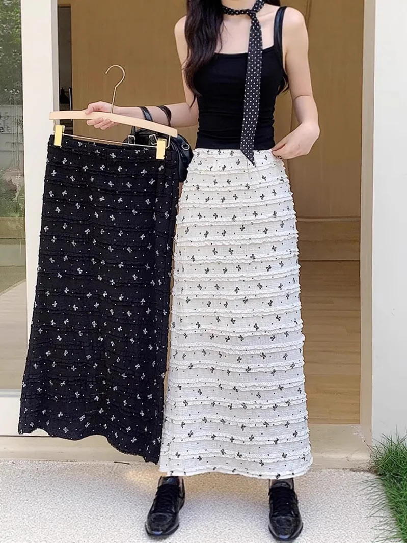 Lace Butterfly Knot Back Split Midi Skirt Women's plus Size Summer Fashion Print Korean Style Gentlewoman Polyester Fabric