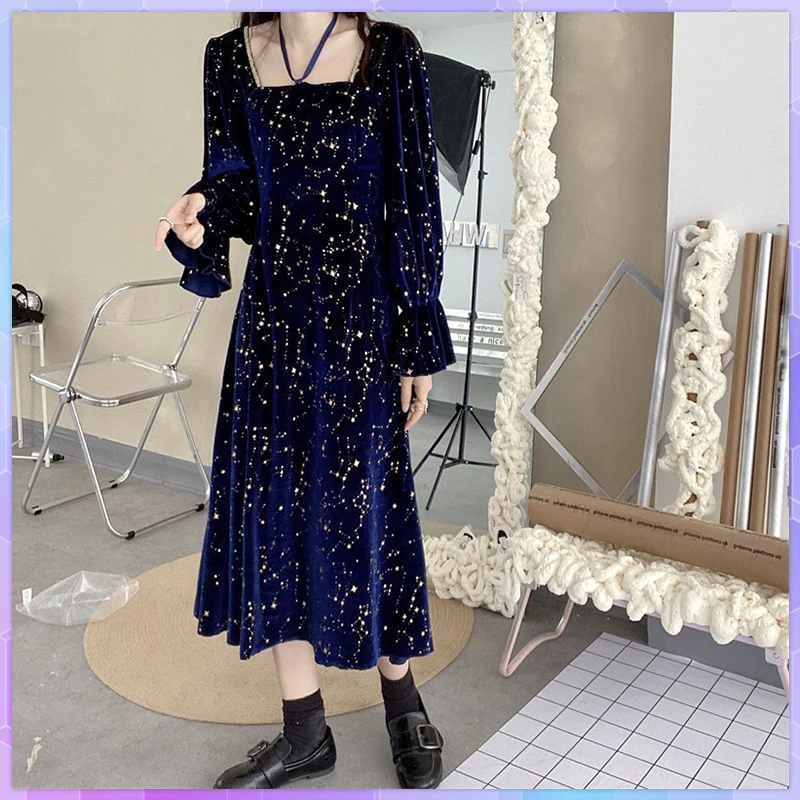 Autumn Winter Long Dress Square Collar Navy Blue Sequined Stars Ribbon Party Dress Flare Sleeve Elegant Midi Dresses For Women