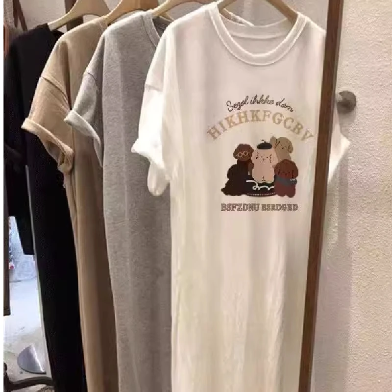 T-shirt ample surdimensionné à fente mi-longue, Hong Kong Sle ort Sve, Dr, Version coréenne, vêtements d'extérieur, jupe h-ape décontractée