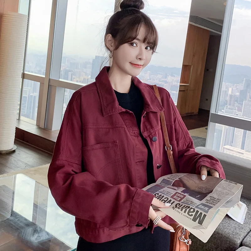 2026 Women Korean Version Short Denim Jacket Spring And Autumn New Loose Casual Red Top Fashion Long Sleeved Work Cowboy Jacket