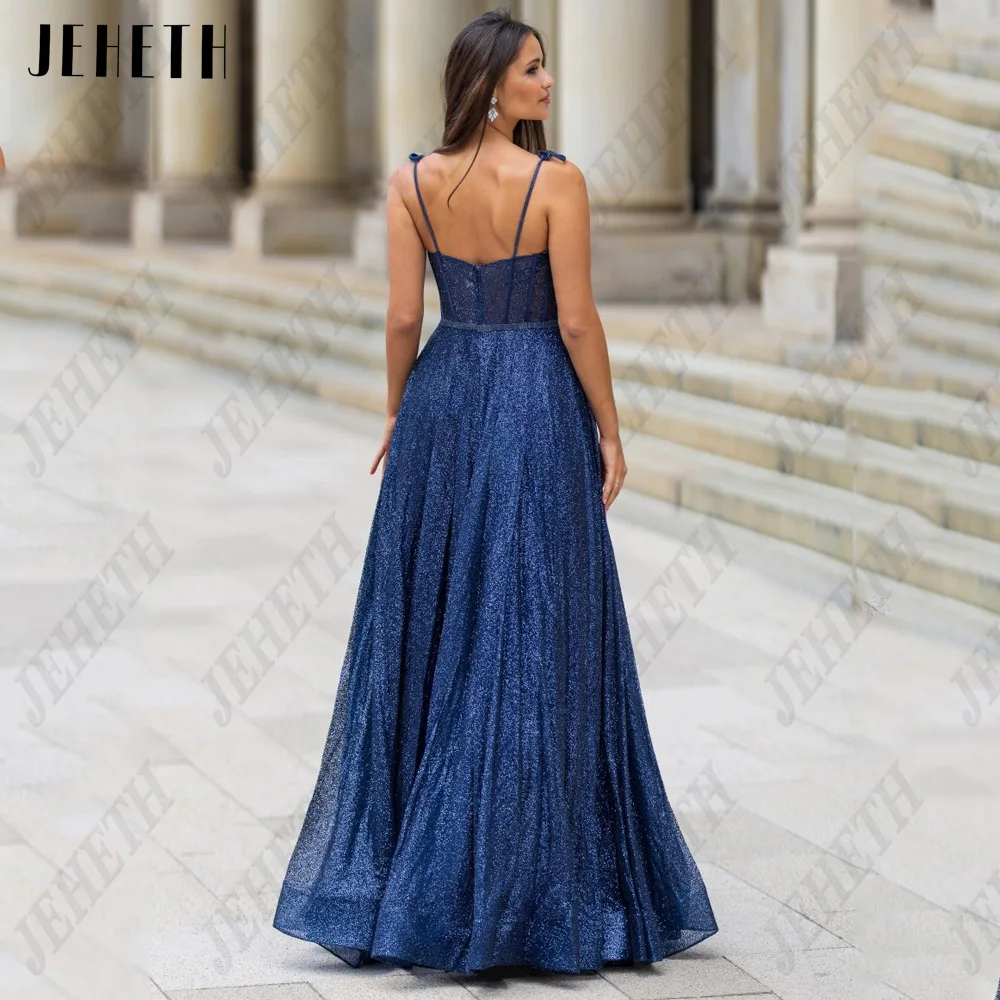 JEHETH Fashion Evening Dresses For Woman Sweetheart Spaghetti Straps Shiny Tulle Prom Gown A-Line Floor Length Vestidos De Noche