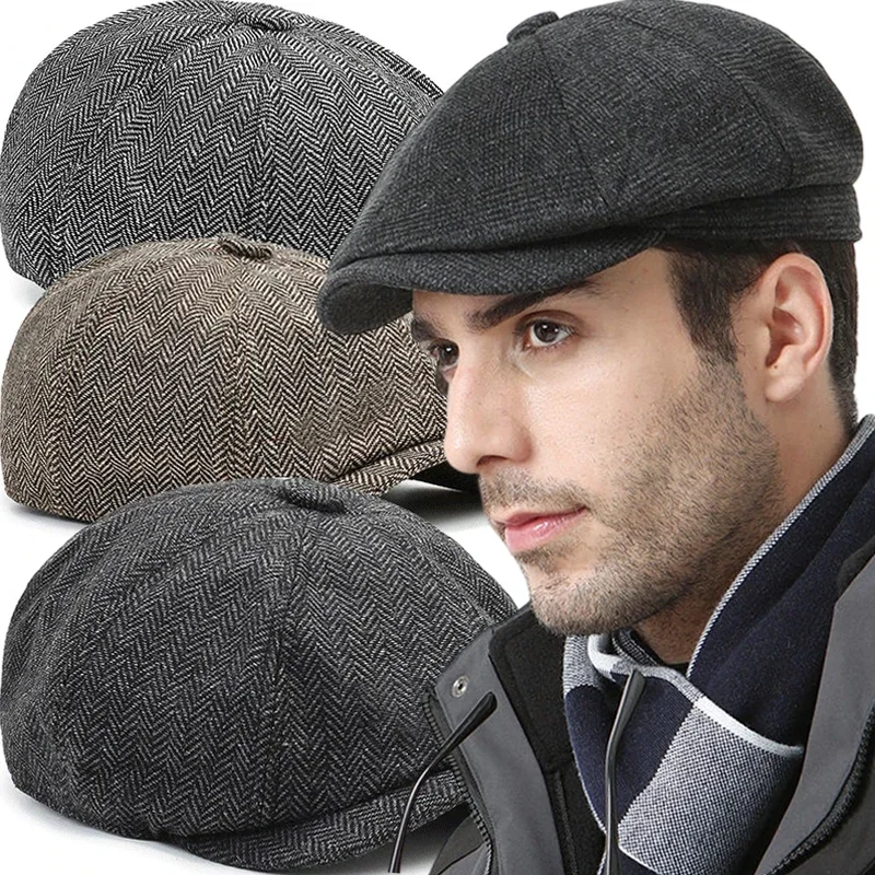 الرجال البريطانية مثمنة القبعات 2025 الخريف والشتاء الرجعية الدافئة والمخملية بطة اللسان قبعة صحيفة قبعة