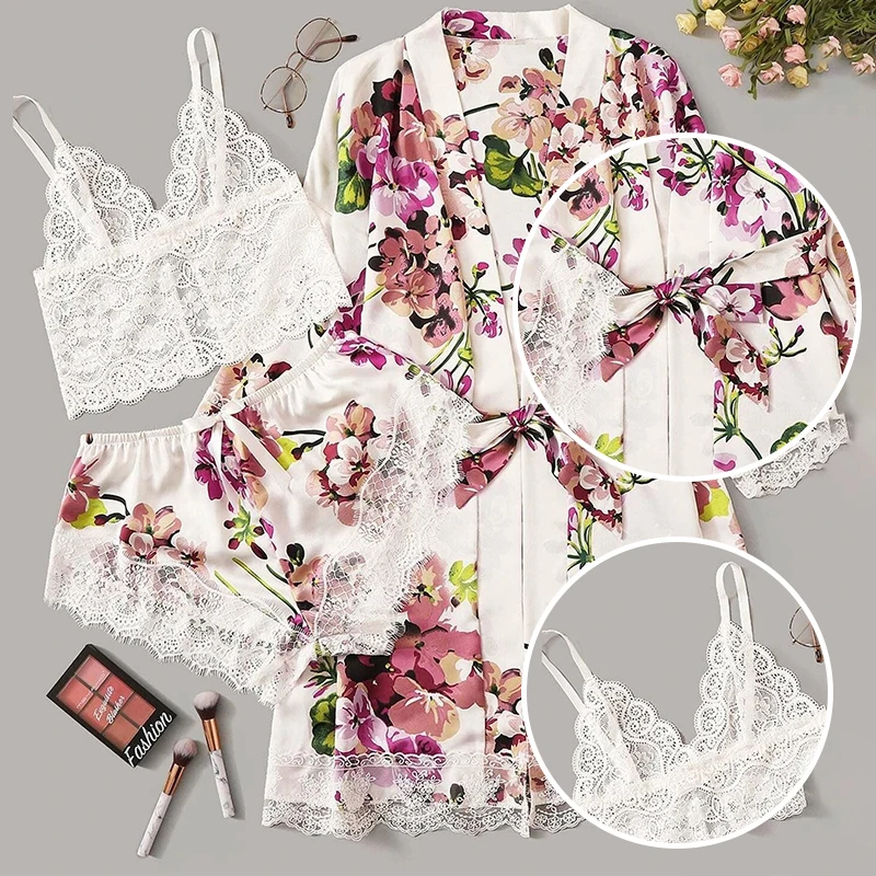 Women\'s Sexy Fashion Plus Size White Flower Print Three Piece Lace Strap Plus Shorts And Gown Pajama Set