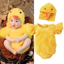 Infant Boys Girls Cosplay Chicken Animal Costume Fleece Romper Bodysuits Hat Set Halloween Cosplay Costume Chicken Baby