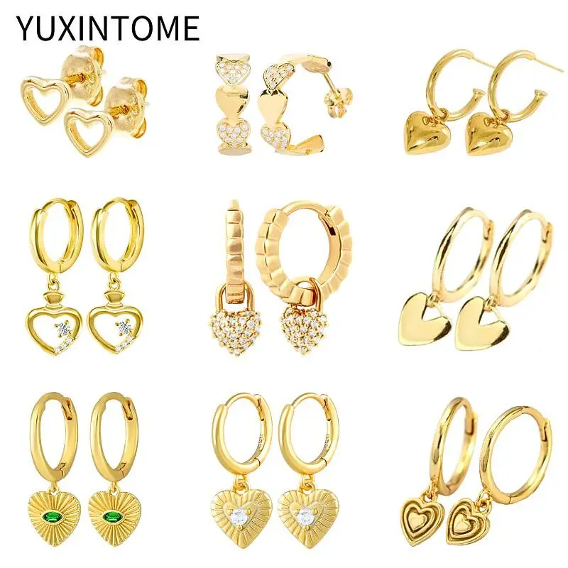 

925 Sterling Silver Ear Needle Exquisite Heart Pendant Hoop Earrings Fashion Geometric Zircon Stud Earrings Women's Fine Jewelry