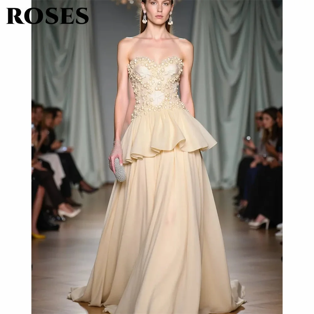 

ROSES Beige Party Dress Sweetheart A Line Evening Dress with Beaded Formal Gown Floor Length Prom Gown for Women Customized