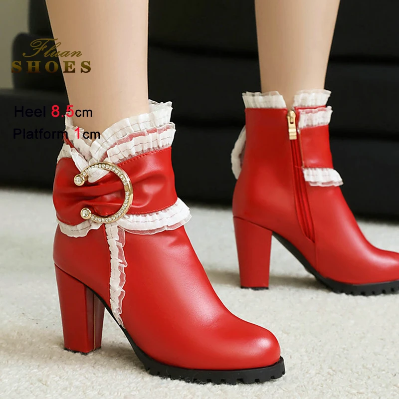

2025 Новые женские ботильоны на платформе с кружевной жемчужной цепочкой и бантом на боковой молнии Женские ботинки на массивном высоком каблуке 8,5 см Короткие ботинки Размеры 46