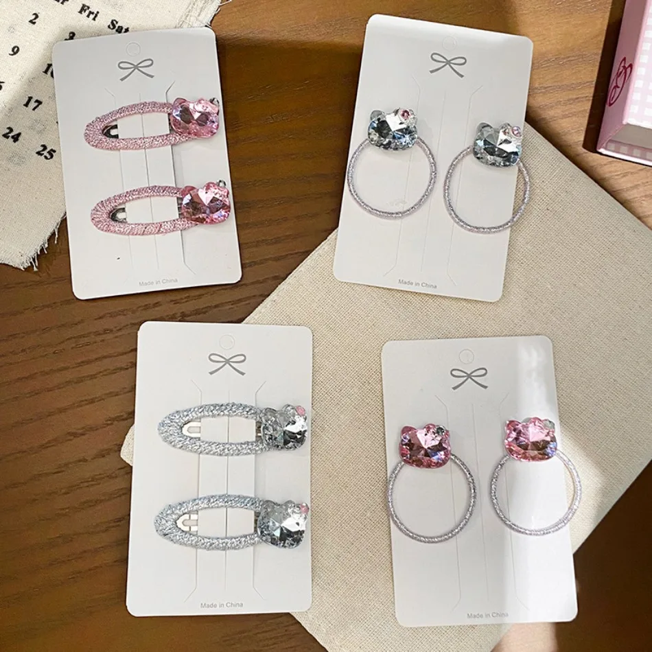Toddler Pink Silver Shiny Diamond BB Clips with Hair Rope Sweet Love Bow Childrens Hairpin Water Drop Bye Clip Bangs Clip HP01