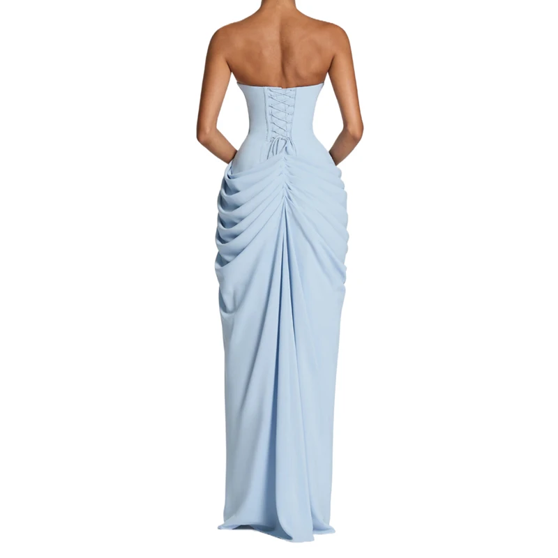 Damen trägerloses asymmetrisches Maxikleid mit Rüschen, Bandage-Taille, langes Abendkleid, sexy französischer Stil, für Abendpartys, Strandurlaub, Sommeroutfit – Detail 9