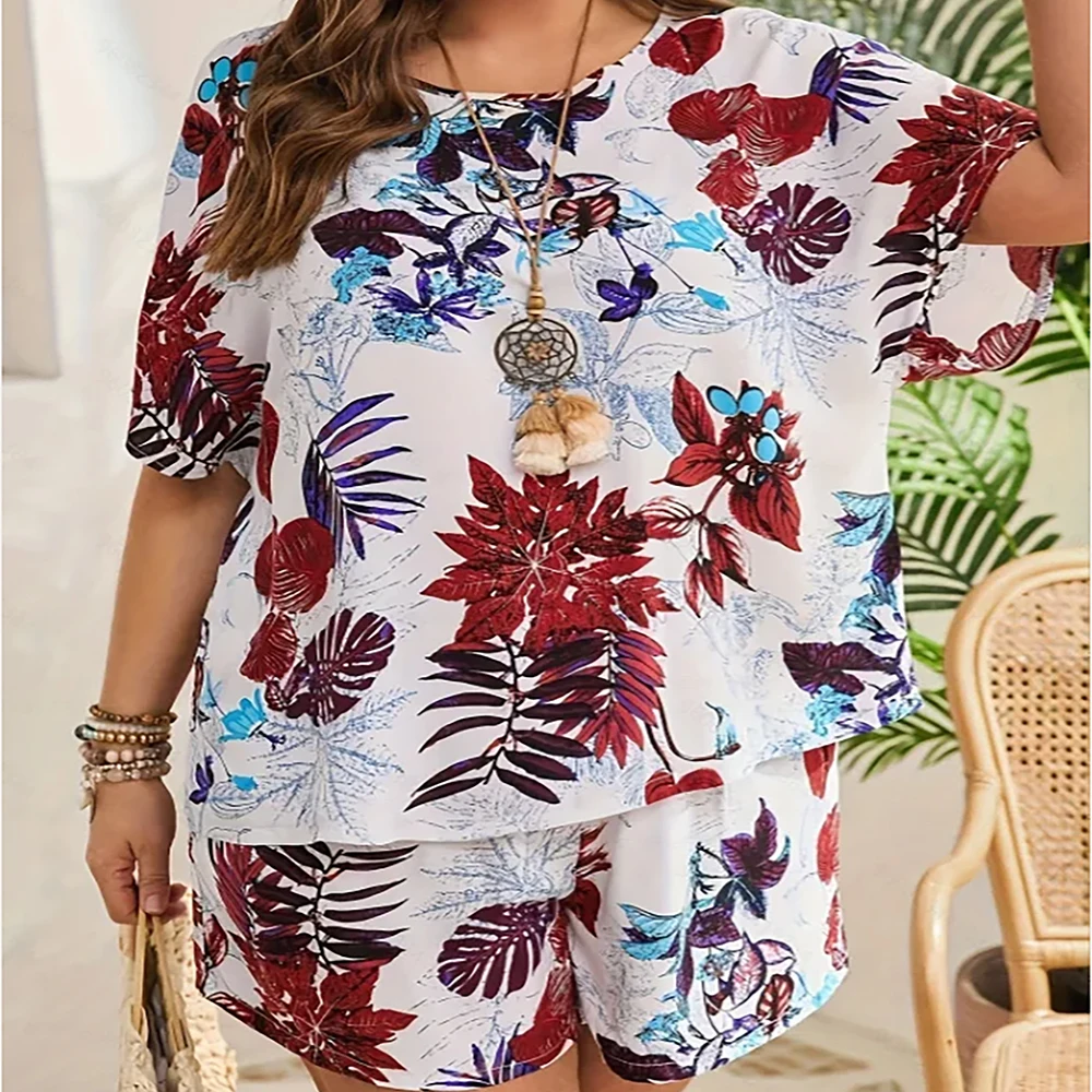 Costume confortable grande taille pour femmes, imprimé végétal, décontracté, col rond, version ample, manches courtes et short, costume de vacances