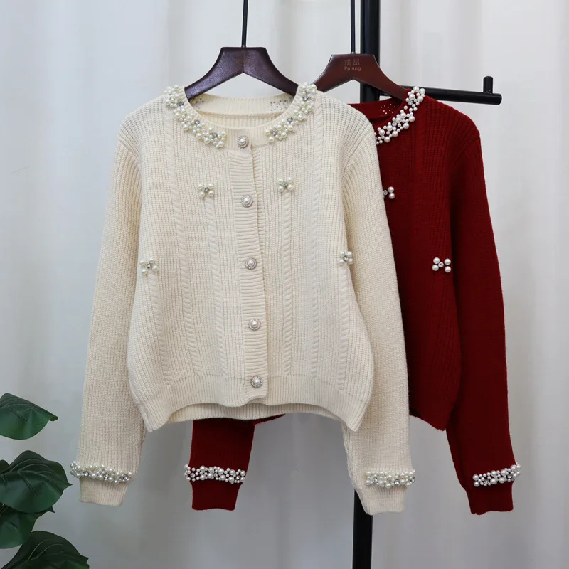 [EWQ] Sweet Casual Style Pearls Design Single Breasted Knitted Cardigan Sweater Beautiful Women Clothing 2024 Autumn New 16O1290