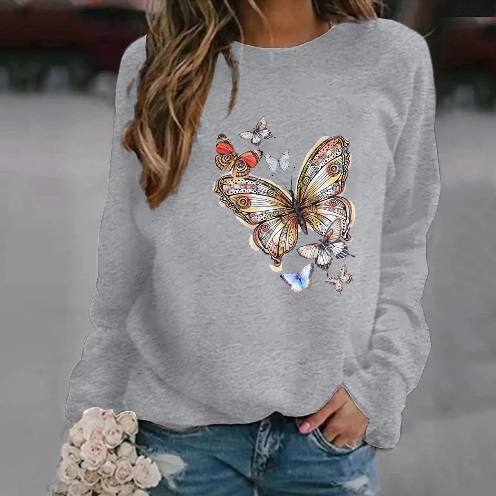 Popular Butterfly Printing Hoodless Sweatshirts For Women Autumn Winter Fashion Casual Solid Color Ladies O Neck Sweater