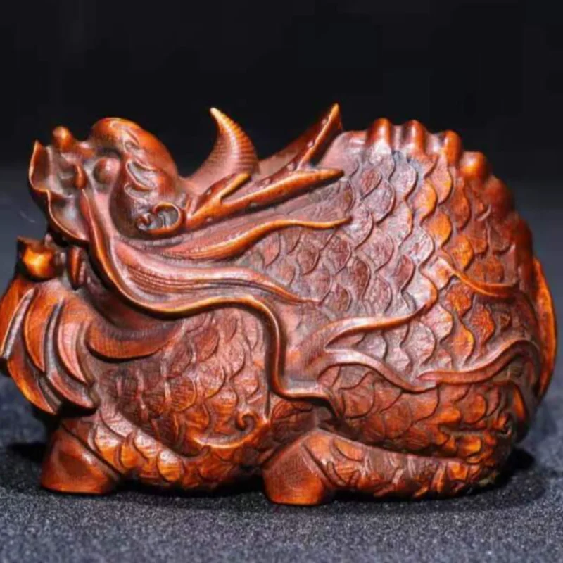 Natural Boxwood Hand Carved Qilin Figurine Mythical Beast Wood Statue Pocket Hand Piece Feng Shui Decor