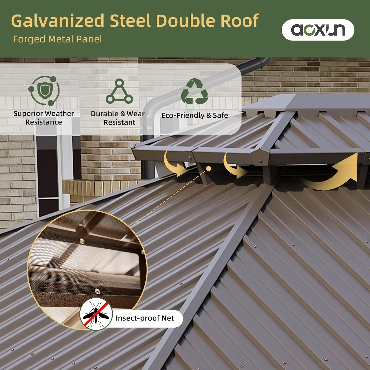 12’x16’ Hardtop Gazebo with Galvanized Steel Double Roof Brown