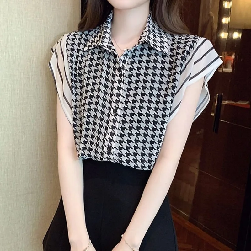 Temperament Plaid Patchwork Blouse Summer New Polo Neck Thin All-match Youth Elegant Shirt Tops Fashion Korean Women Clothing