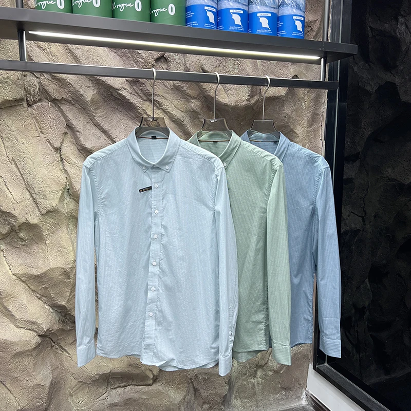 Waed puro algodão longo sve masculino irt primavera outono novo sle busin listra na moda respirável suporte ajuste uso diário