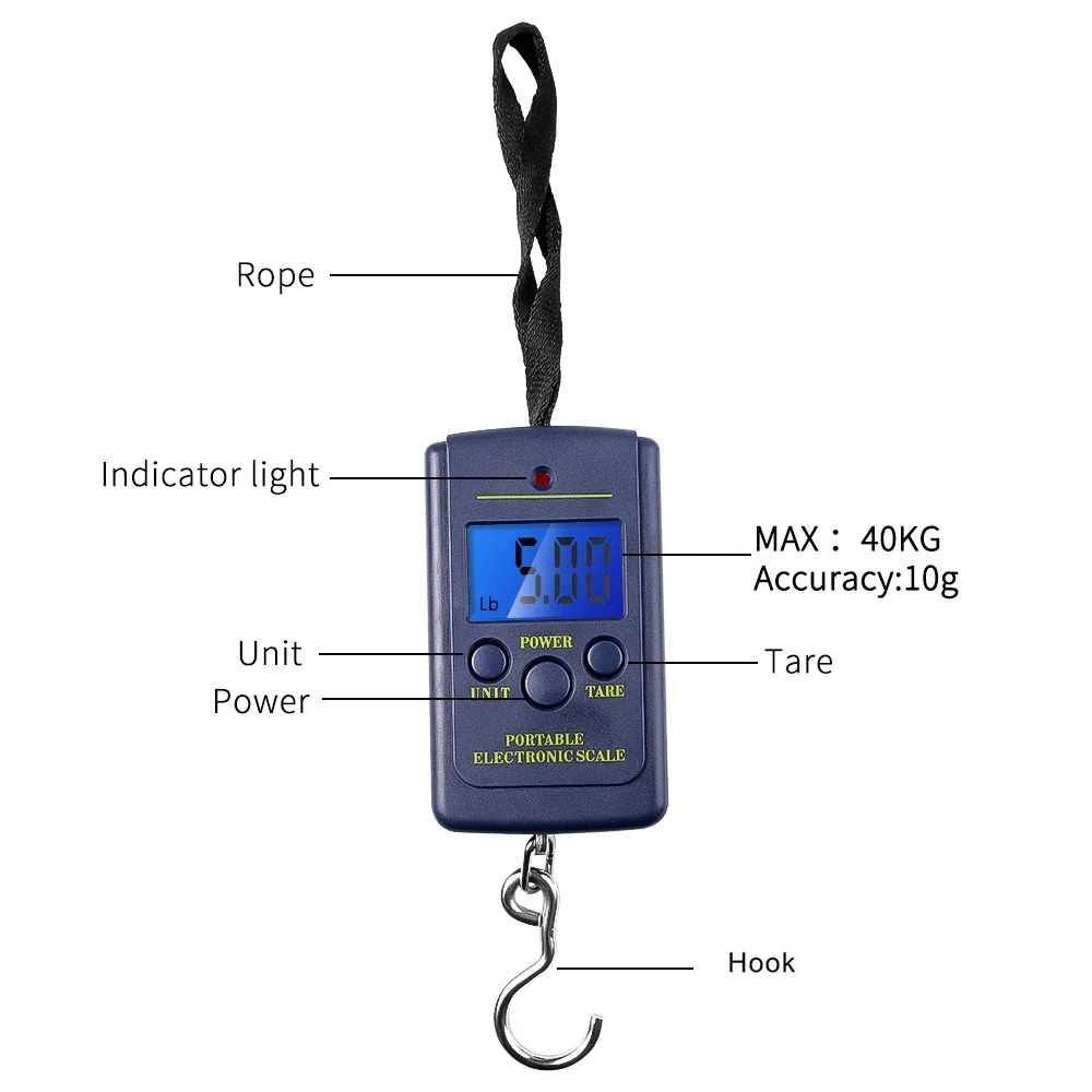 Mini báscula electrónica colgante de pesca, balanza de equipaje de viaje portátil con gancho, báscula electrónica de bolsillo, 40kg/10g