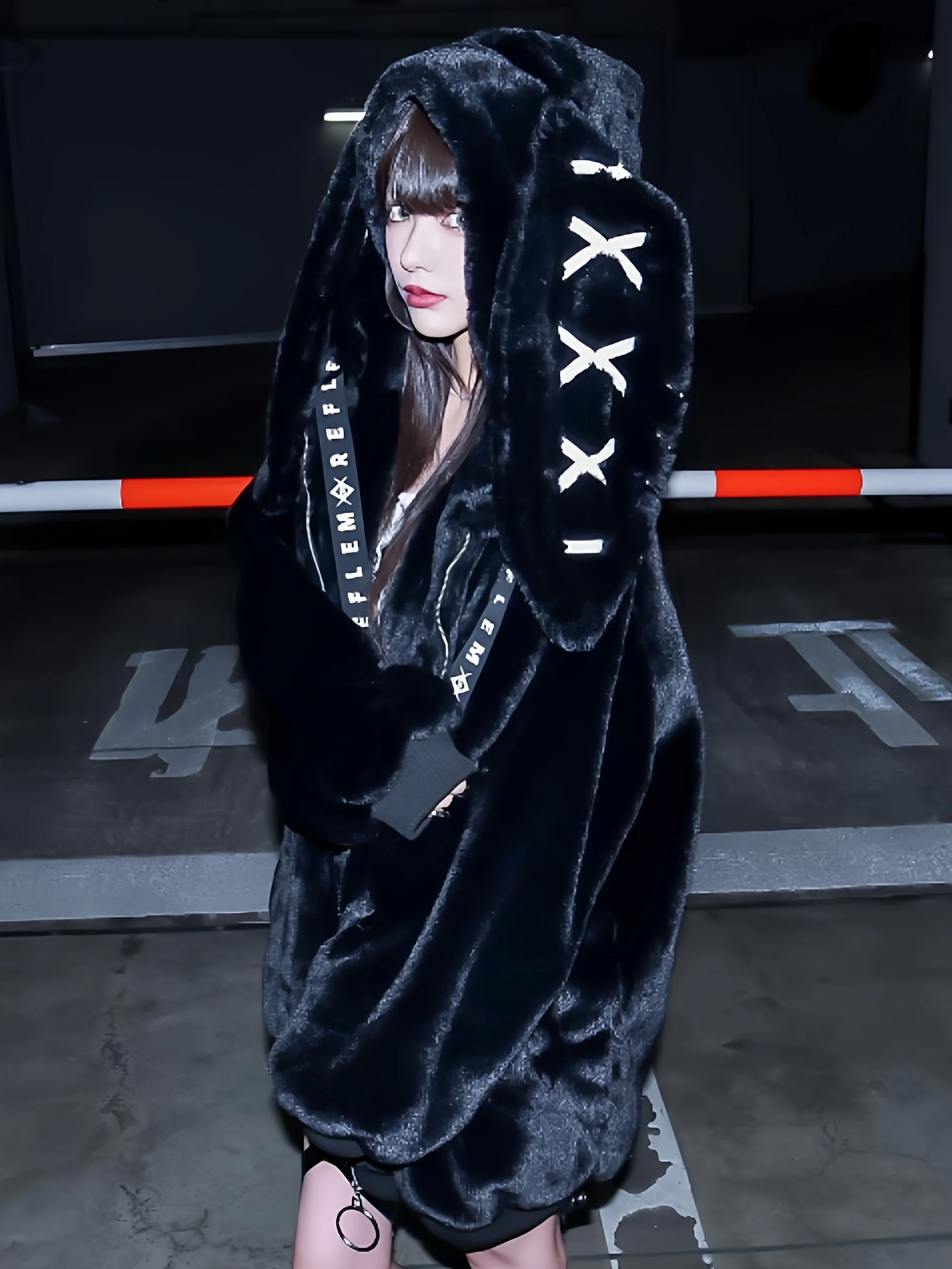 

Winter Rabbit Ear Faux Fur Jaet Women's Harajuku Sle k Punk Coat Medium Length Japanese Subculture Outerwear